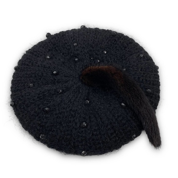 70's Italian mink tail mohair wool beaded beret winter hat - Picture 5 of 14